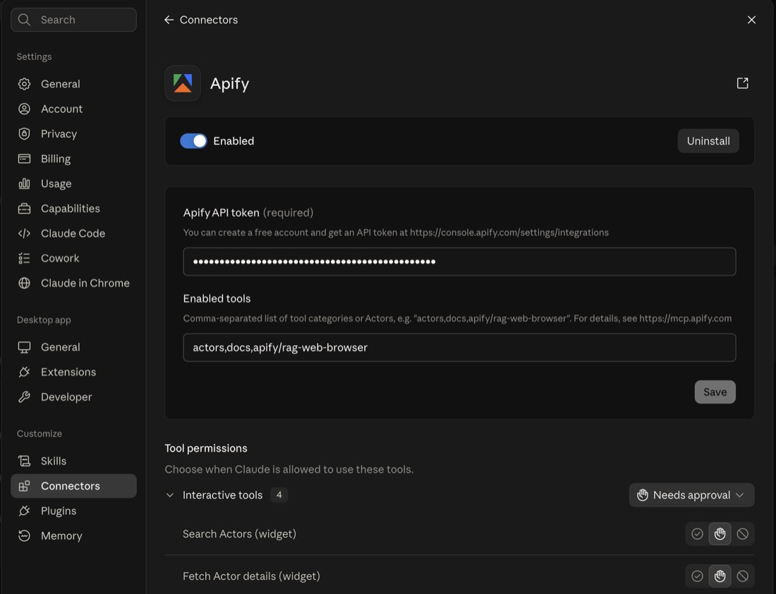 Pasting the Apify token into Claude