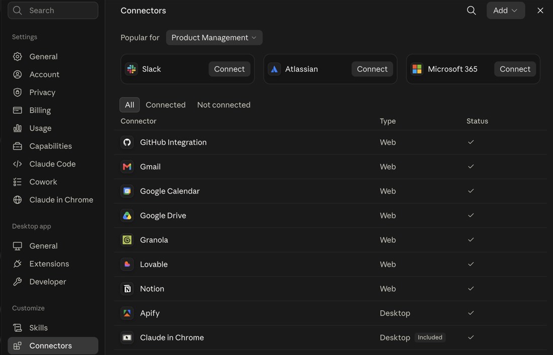 The Connectors screen in Claude settings