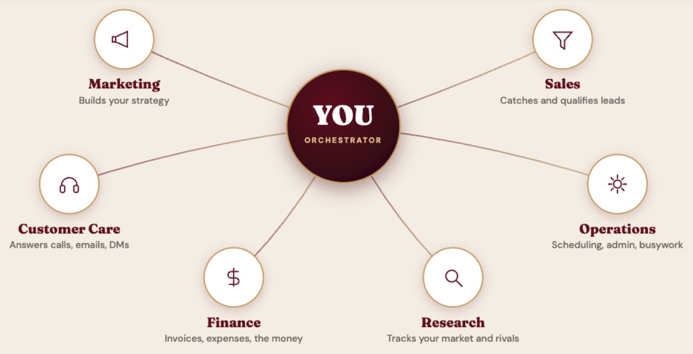 You at the centre with agents for marketing, sales, customer care, operations, finance and research