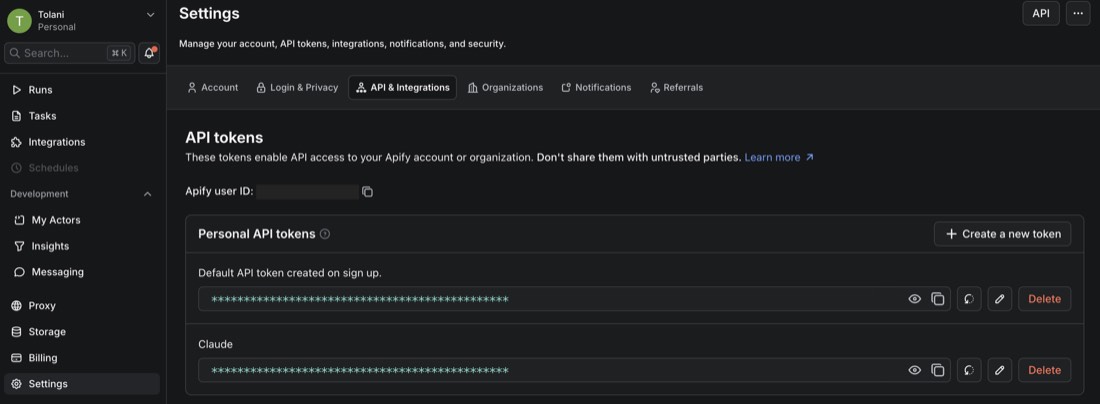 The API tokens screen in Apify settings